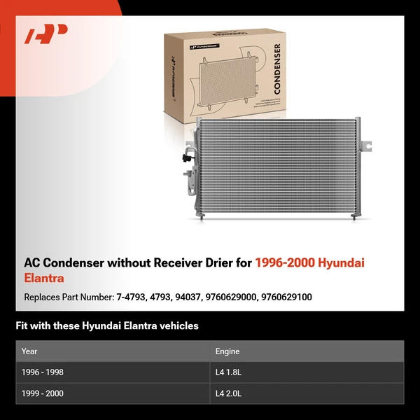 AC Condenser without Receiver Drier for 1996-2000 Hyundai Elantra