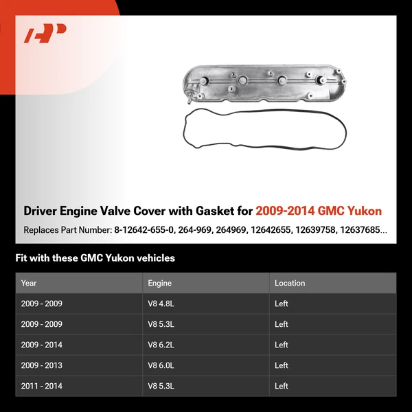 Driver Engine Valve Cover with Gasket for 2009-2014 GMC Yukon
