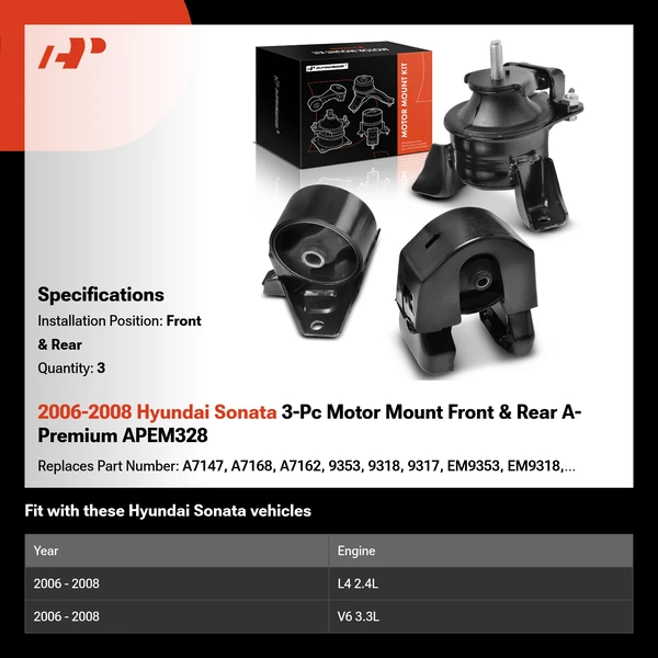 2006-2008 Hyundai Sonata 3-Pc Motor Mount Front & Rear A-Premium APEM328