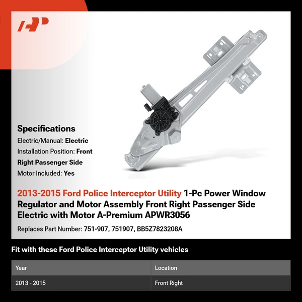 2013-2015 Ford Police Interceptor Utility 1-Pc Power Window Regulator and Motor Assembly Front Right Passenger Side Electric with Motor A-Premium APWR3056
