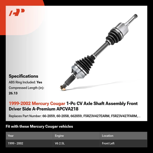 1999-2002 Mercury Cougar 1-Pc CV Axle Shaft Assembly Front Driver Side A-Premium APCVA218