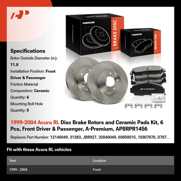 1999-2004 Acura RL Disc Brake Rotors and Ceramic Pads Kit, 6 Pcs, Front Driver & Passenger, A-Premium, APBRPR1456