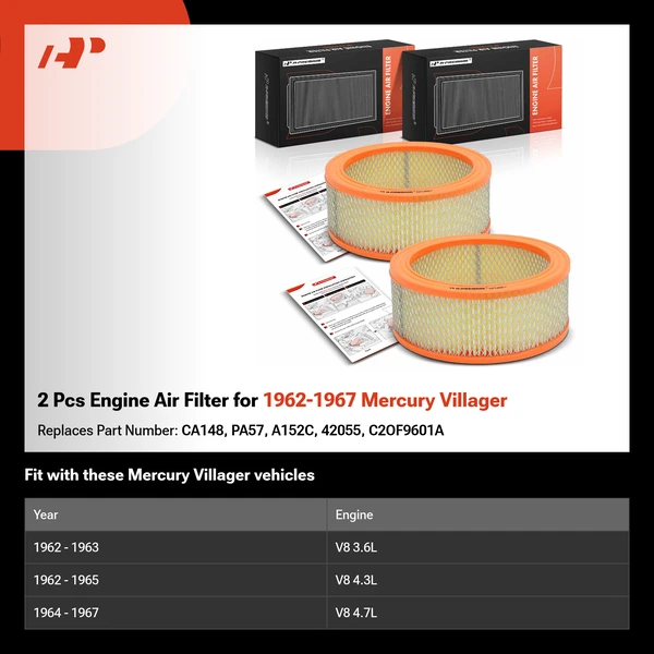 2 Pcs Engine Air Filter for 1962-1967 Mercury Villager