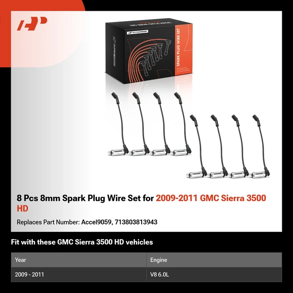 8 Pcs 8mm Spark Plug Wire Set for 2009-2011 GMC Sierra 3500 HD
