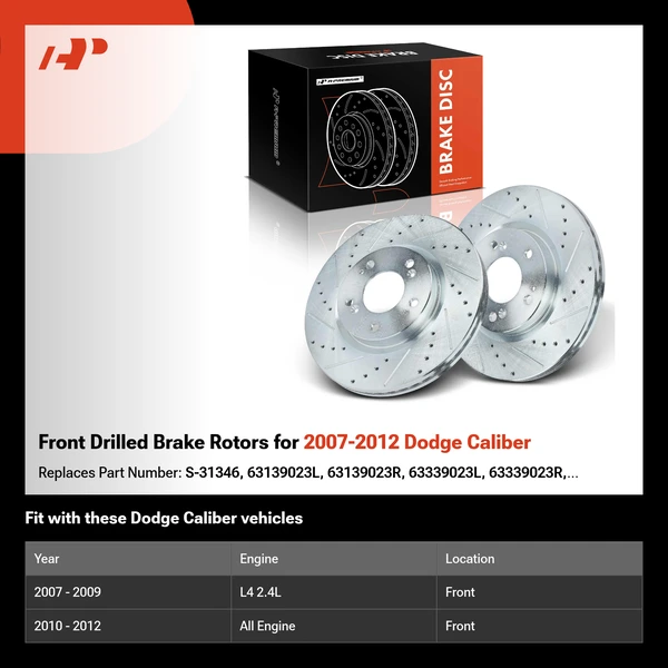 Front Drilled Brake Rotors for 2007-2012 Dodge Caliber