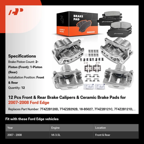 12 Pcs Front & Rear Brake Calipers & Ceramic Brake Pads for 2007-2008 Ford Edge
