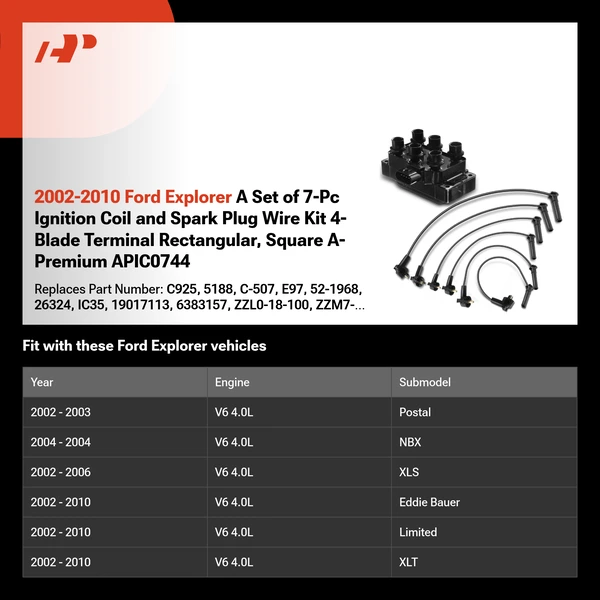 2002-2010 Ford Explorer A Set of 7-Pc Ignition Coil and Spark Plug Wire Kit 4-Blade Terminal Rectangular, Square A-Premium APIC0744