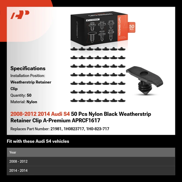 2008-2012 2014 Audi S4 50 Pcs Nylon Black Weatherstrip Retainer Clip A-Premium APRCF1617