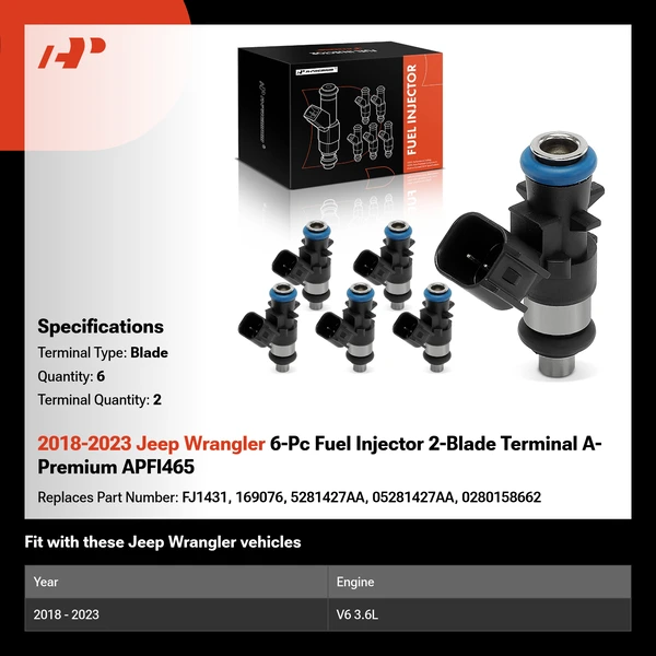 2018-2023 Jeep Wrangler 6-Pc Fuel Injector 2-Blade Terminal A-Premium APFI465