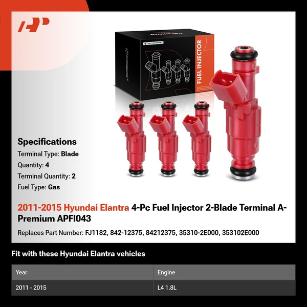 2011-2015 Hyundai Elantra 4-Pc Fuel Injector 2-Blade Terminal A-Premium APFI043