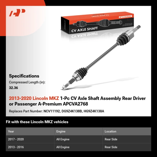 2013-2020 Lincoln MKZ 1-Pc CV Axle Shaft Assembly Rear Driver or Passenger A-Premium APCVA2768