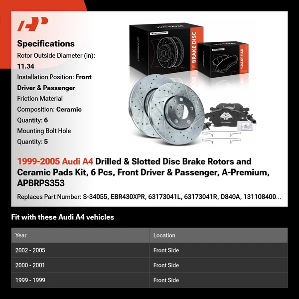 1999-2005 Audi A4 Drilled & Slotted Disc Brake Rotors and Ceramic Pads Kit, 6 Pcs, Front Driver & Passenger, A-Premium, APBRPS353