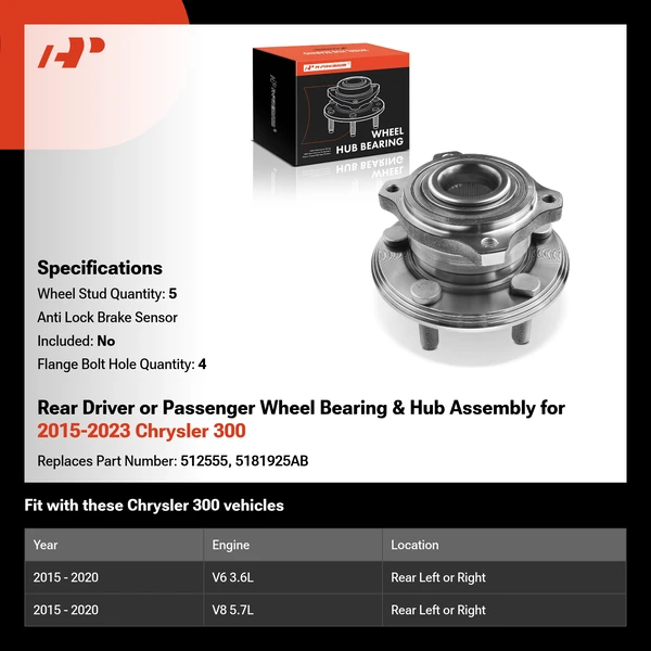 Rear Driver or Passenger Wheel Bearing & Hub Assembly for 2015-2023 Chrysler 300