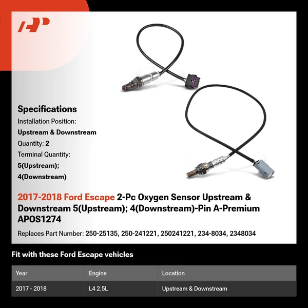 2017-2018 Ford Escape 2-Pc Oxygen Sensor Upstream & Downstream 5(Upstream); 4(Downstream)-Pin A-Premium APOS1274