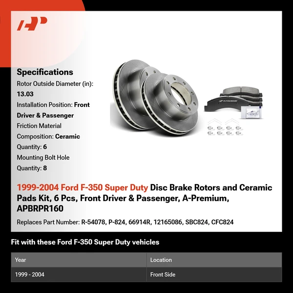 1999-2004 Ford F-350 Super Duty Disc Brake Rotors and Ceramic Pads Kit, 6 Pcs, Front Driver & Passenger, A-Premium, APBRPR160