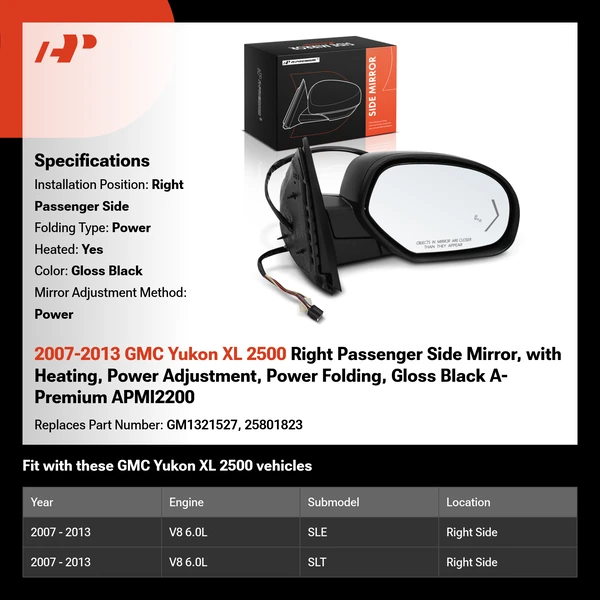 2007-2013 GMC Yukon XL 2500 Right Passenger Side Mirror, with Heating, Power Adjustment, Power Folding, Gloss Black A-Premium APMI2200