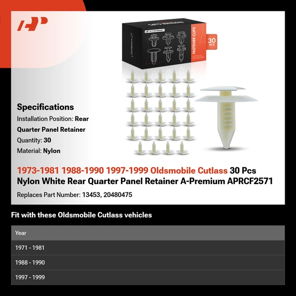 1973-1981 1988-1990 1997-1999 Oldsmobile Cutlass 30 Pcs Nylon White Rear Quarter Panel Retainer A-Premium APRCF2571