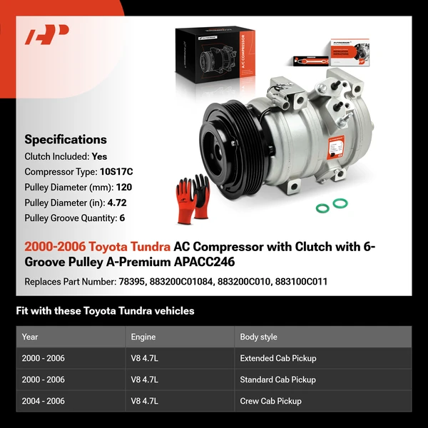 2000-2006 Toyota Tundra AC Compressor with Clutch with 6-Groove Pulley A-Premium APACC246