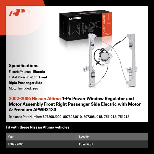 2002-2006 Nissan Altima 1-Pc Power Window Regulator and Motor Assembly Front Right Passenger Side Electric with Motor A-Premium APWR2133