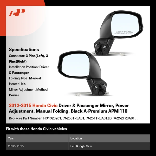 2012-2015 Honda Civic Driver & Passenger Mirror, Power Adjustment, Manual Folding, Black A-Premium APMI110