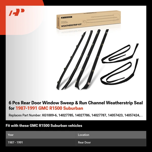 6 Pcs Rear Door Window Sweep & Run Channel Weatherstrip Seal for 1987-1991 GMC R1500 Suburban