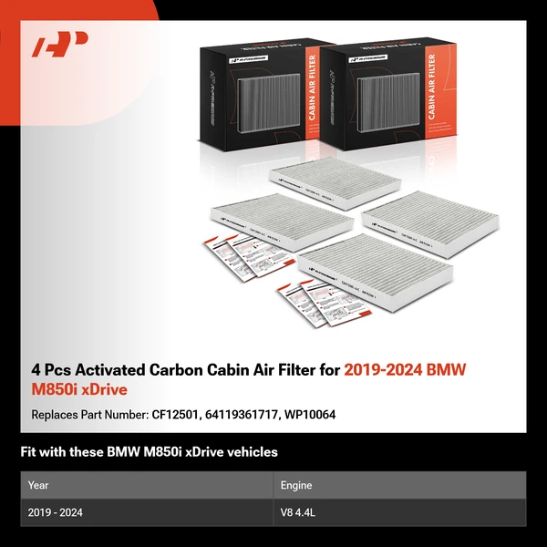 4 Pcs Activated Carbon Cabin Air Filter for 2019-2024 BMW M850i xDrive