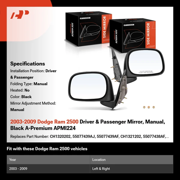 2003-2009 Dodge Ram 2500 Driver & Passenger Mirror, Manual, Black A-Premium APMI224