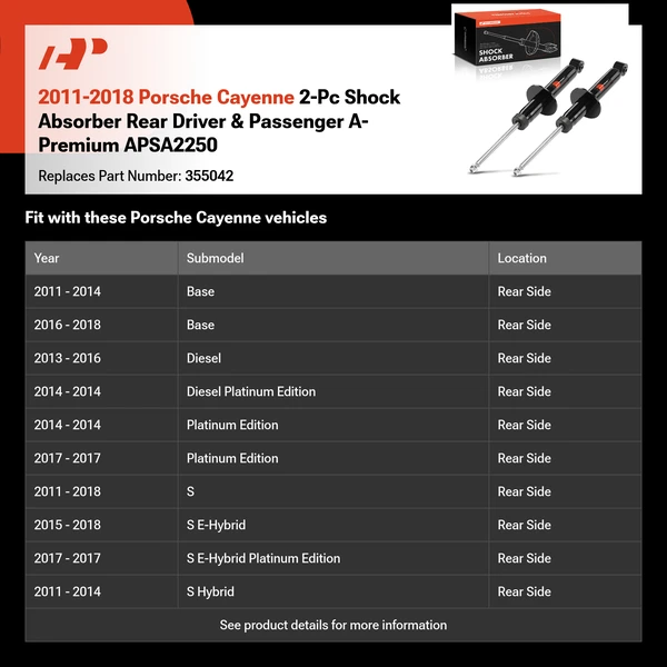 2011-2018 Porsche Cayenne 2-Pc Shock Absorber Rear Driver & Passenger A-Premium APSA2250