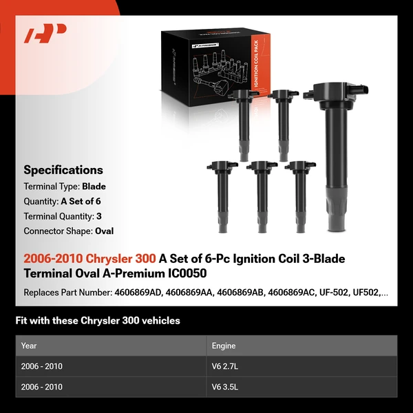 2006-2010 Chrysler 300 A Set of 6-Pc Ignition Coil 3-Blade Terminal Oval A-Premium IC0050