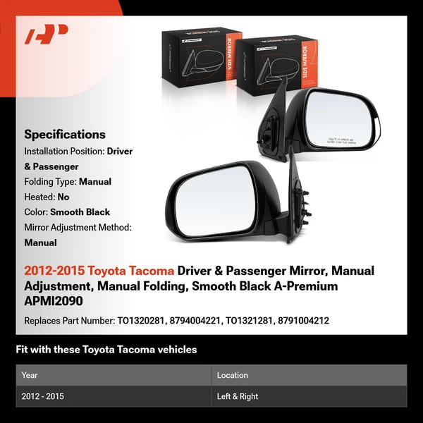 2012-2015 Toyota Tacoma Driver & Passenger Mirror, Manual Adjustment, Manual Folding, Smooth Black A-Premium APMI2090