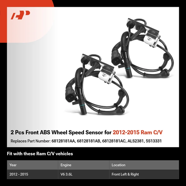 2 Pcs Front ABS Wheel Speed Sensor for 2012-2015 Ram C/V