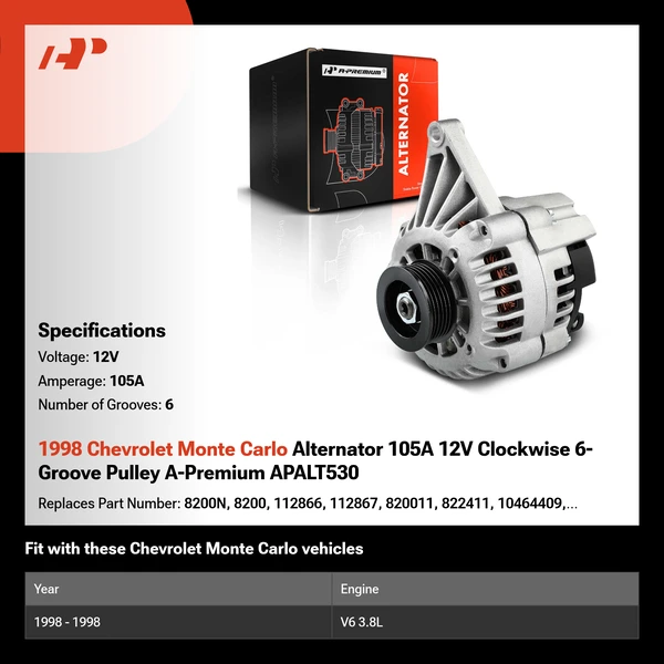 1998 Chevrolet Monte Carlo Alternator 105A 12V Clockwise 6-Groove Pulley A-Premium APALT530