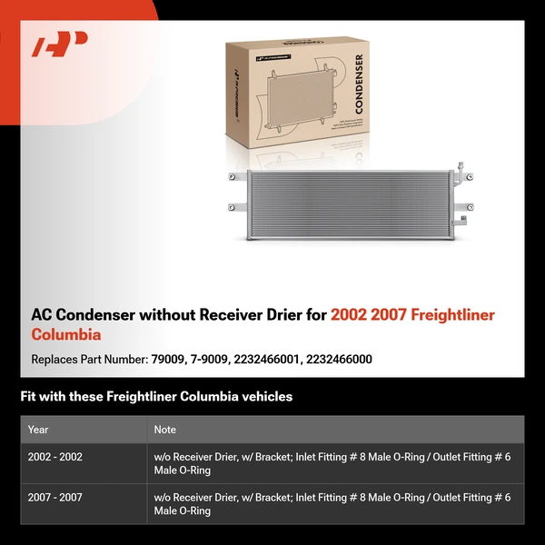 AC Condenser without Receiver Drier for 2002 2007 Freightliner Columbia