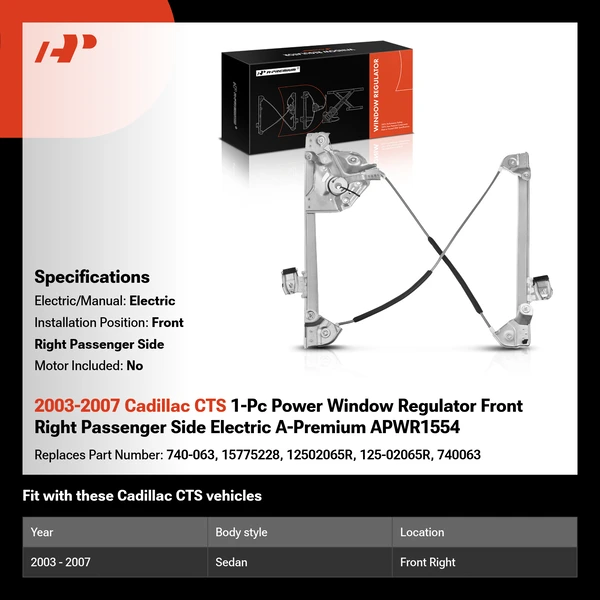 2003-2007 Cadillac CTS 1-Pc Power Window Regulator Front Right Passenger Side Electric A-Premium APWR1554