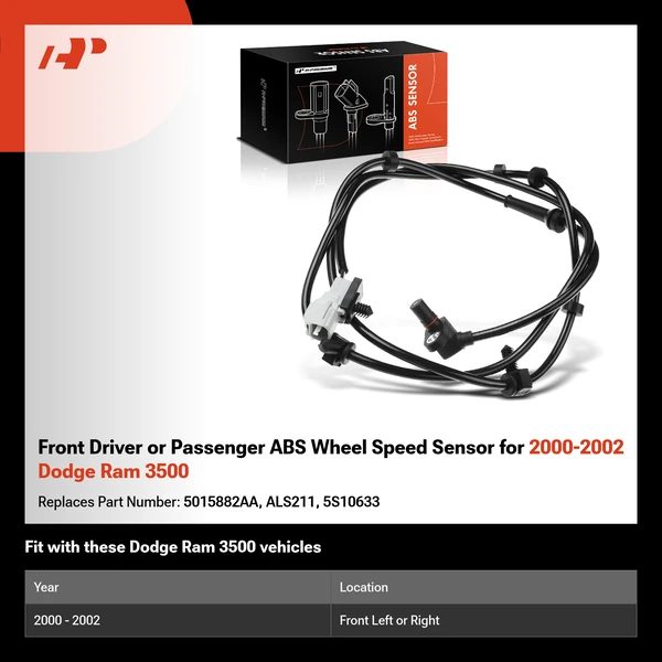 Front Driver or Passenger ABS Wheel Speed Sensor for 2000-2002 Dodge Ram 3500