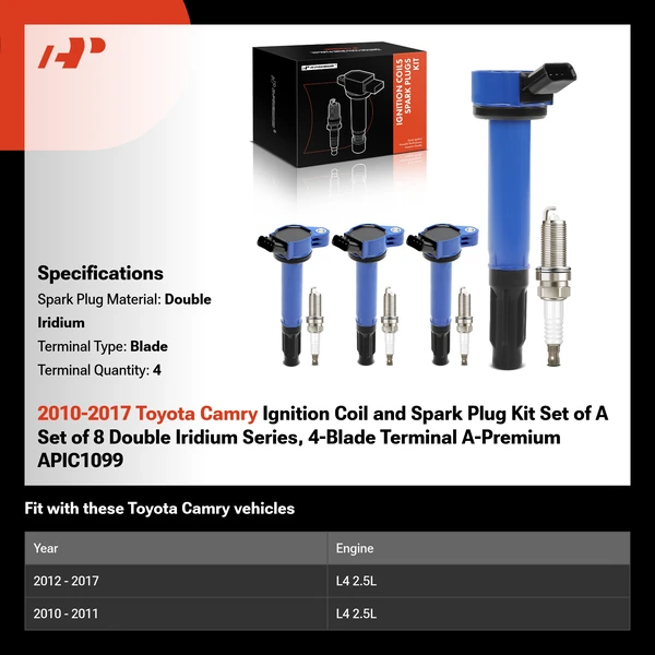 2010-2017 Toyota Camry Ignition Coil and Spark Plug Kit Set of A Set of 8 Double Iridium Series, 4-Blade Terminal A-Premium APIC1099