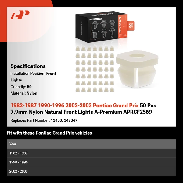 1982-1987 1990-1996 2002-2003 Pontiac Grand Prix 50 Pcs 7.9mm Nylon Natural Front Lights A-Premium APRCF2569