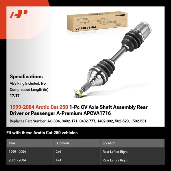 1999-2004 Arctic Cat 250 1-Pc CV Axle Shaft Assembly Rear Driver or Passenger A-Premium APCVA1716