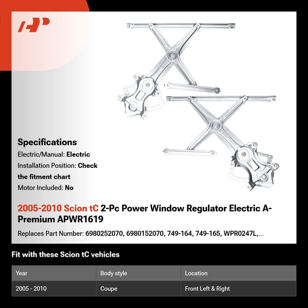 2005-2010 Scion tC 2-Pc Power Window Regulator Electric A-Premium APWR1619