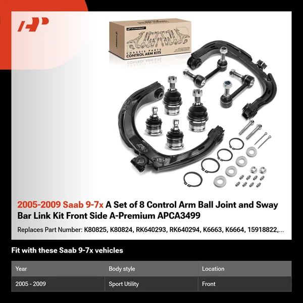 2005-2009 Saab 9-7x A Set of 8 Control Arm Ball Joint and Sway Bar Link Kit Front Side A-Premium APCA3499