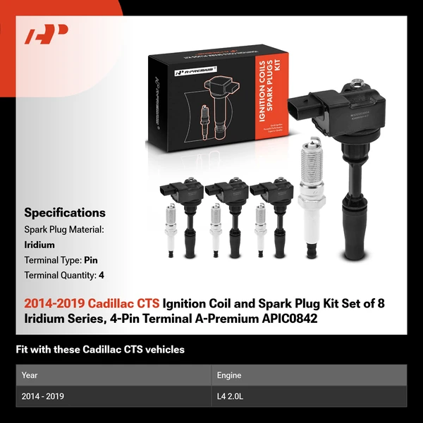 2014-2019 Cadillac CTS Ignition Coil and Spark Plug Kit Set of 8 Iridium Series, 4-Pin Terminal A-Premium APIC0842