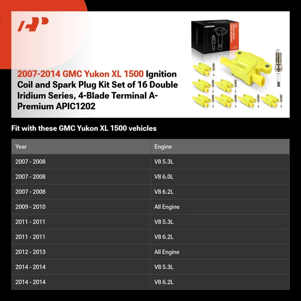 2007-2014 GMC Yukon XL 1500 Ignition Coil and Spark Plug Kit Set of 16 Double Iridium Series, 4-Blade Terminal A-Premium APIC1202