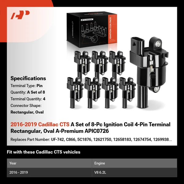 2016-2019 Cadillac CTS A Set of 8-Pc Ignition Coil 4-Pin Terminal Rectangular, Oval A-Premium APIC0726