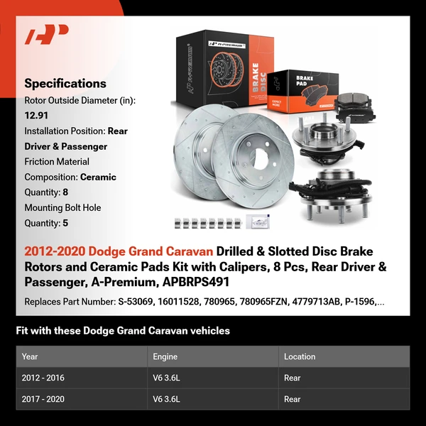 2012-2020 Dodge Grand Caravan Drilled & Slotted Disc Brake Rotors and Ceramic Pads Kit with Calipers, 8 Pcs, Rear Driver & Passenger, A-Premium, APBRPS491