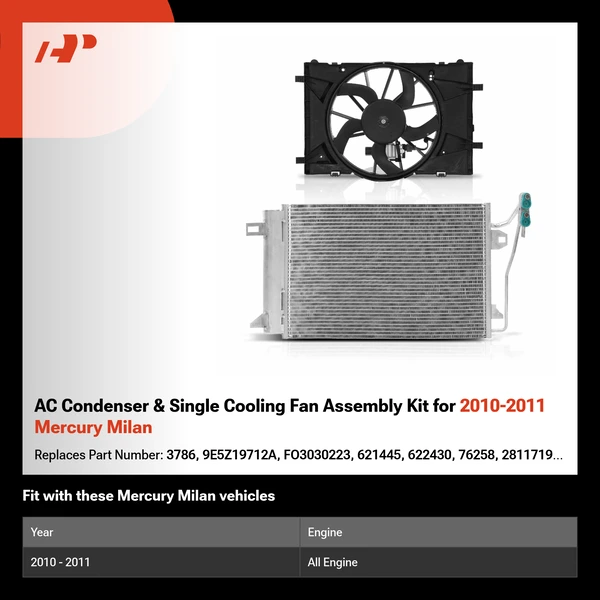 AC Condenser & Single Cooling Fan Assembly Kit for 2010-2011 Mercury Milan