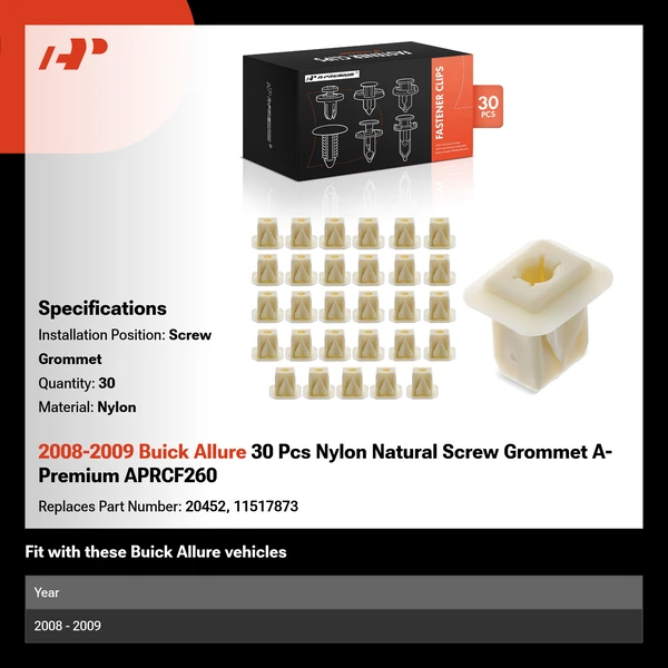 2008-2009 Buick Allure 30 Pcs Nylon Natural Screw Grommet A-Premium APRCF260