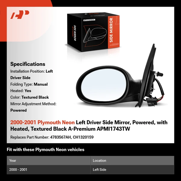 2000-2001 Plymouth Neon Left Driver Side Mirror, Powered, with Heated, Textured Black A-Premium APMI1743TW