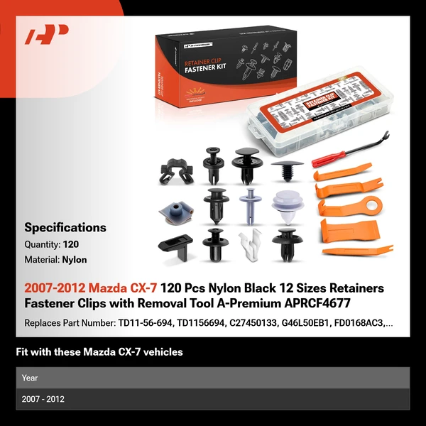 2007-2012 Mazda CX-7 120 Pcs Nylon Black 12 Sizes Retainers Fastener Clips with Removal Tool A-Premium APRCF4677