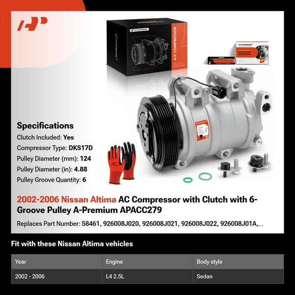 2002-2006 Nissan Altima AC Compressor with Clutch with 6-Groove Pulley A-Premium APACC279