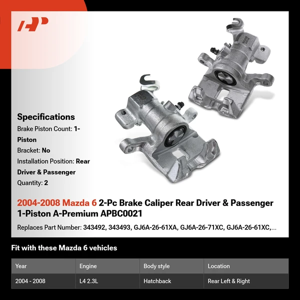 2004-2008 Mazda 6 2-Pc Brake Caliper Rear Driver & Passenger 1-Piston A-Premium APBC0021